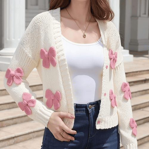 Women’s "Berry Sweet" Embroidered Cardigan – Kawaii V-Neck Chunky Knit