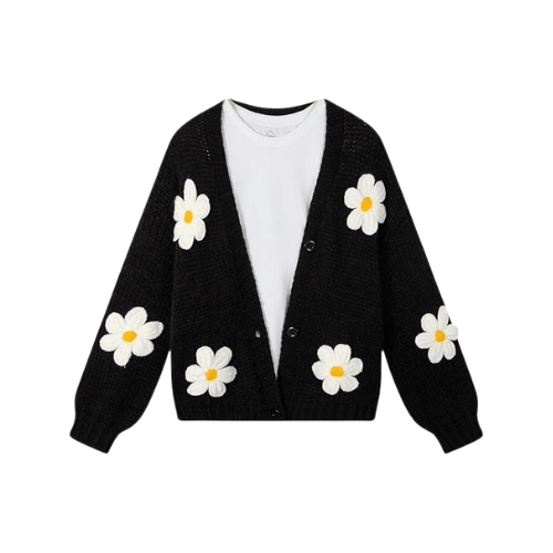 Women’s "Berry Sweet" Embroidered Cardigan – Kawaii V-Neck Chunky Knit