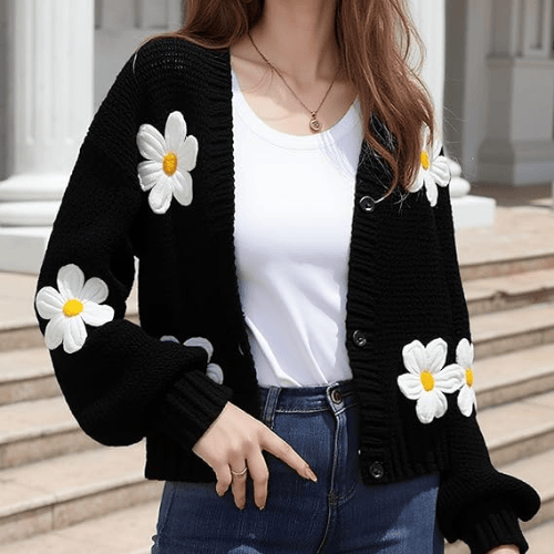 Women’s "Berry Sweet" Embroidered Cardigan – Kawaii V-Neck Chunky Knit