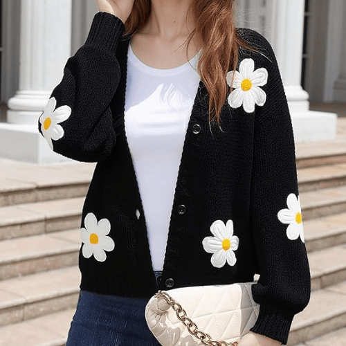 Women’s "Berry Sweet" Embroidered Cardigan – Kawaii V-Neck Chunky Knit