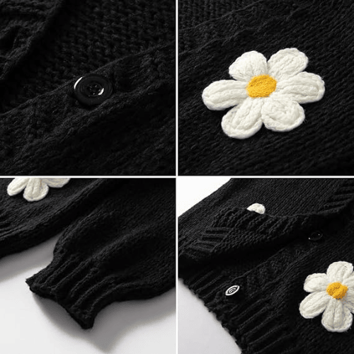 Women’s "Berry Sweet" Embroidered Cardigan – Kawaii V-Neck Chunky Knit
