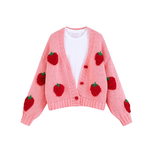 Women’s "Berry Sweet" Embroidered Cardigan – Kawaii V-Neck Chunky Knit