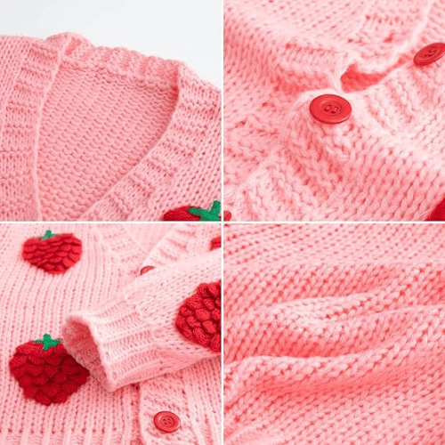 Women’s "Berry Sweet" Embroidered Cardigan – Kawaii V-Neck Chunky Knit