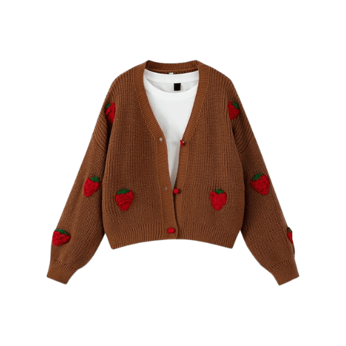 Women’s "Berry Sweet" Embroidered Cardigan – Kawaii V-Neck Chunky Knit