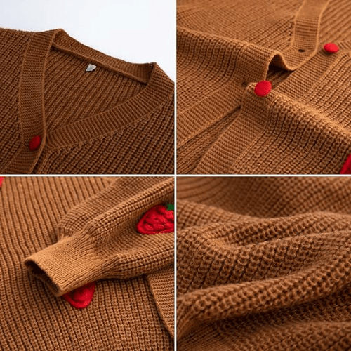 Women’s "Berry Sweet" Embroidered Cardigan – Kawaii V-Neck Chunky Knit