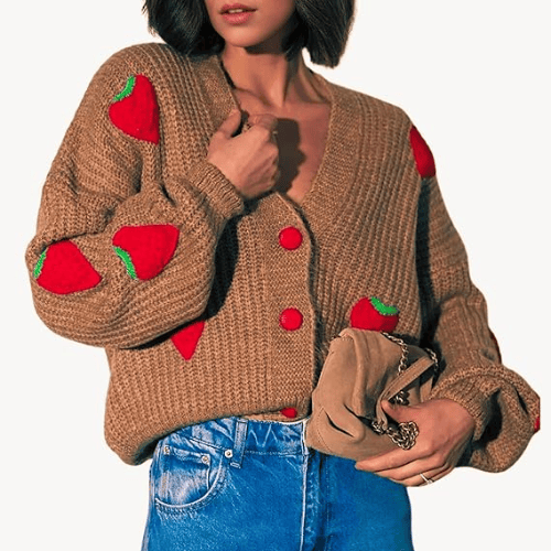 Women’s "Berry Sweet" Embroidered Cardigan – Kawaii V-Neck Chunky Knit