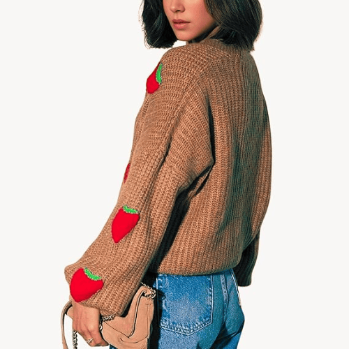 Women’s "Berry Sweet" Embroidered Cardigan – Kawaii V-Neck Chunky Knit