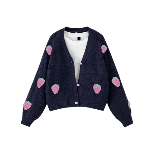 Women’s "Berry Sweet" Embroidered Cardigan – Kawaii V-Neck Chunky Knit