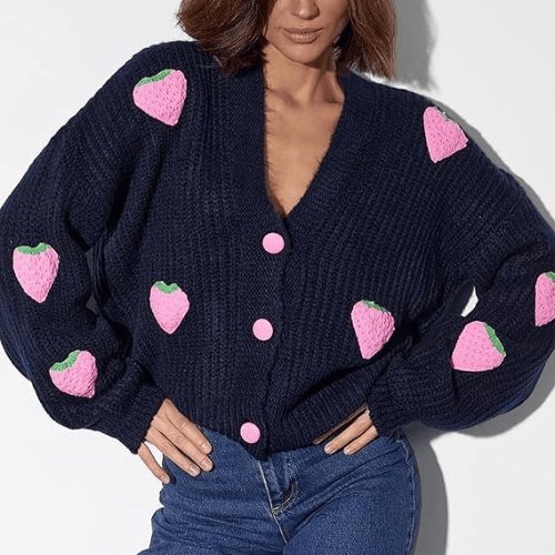 Women’s "Berry Sweet" Embroidered Cardigan – Kawaii V-Neck Chunky Knit