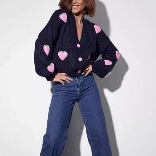 Women’s "Berry Sweet" Embroidered Cardigan – Kawaii V-Neck Chunky Knit
