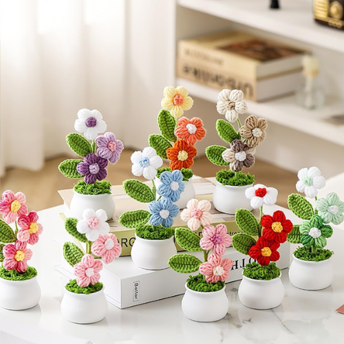 Handmade "Puff Bloom" Crochet Potted Plant – Gradient Colorful Knitted Flower