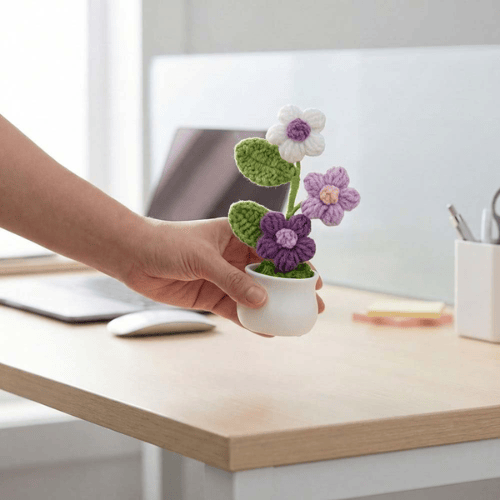 Handmade "Puff Bloom" Crochet Potted Plant – Gradient Colorful Knitted Flower