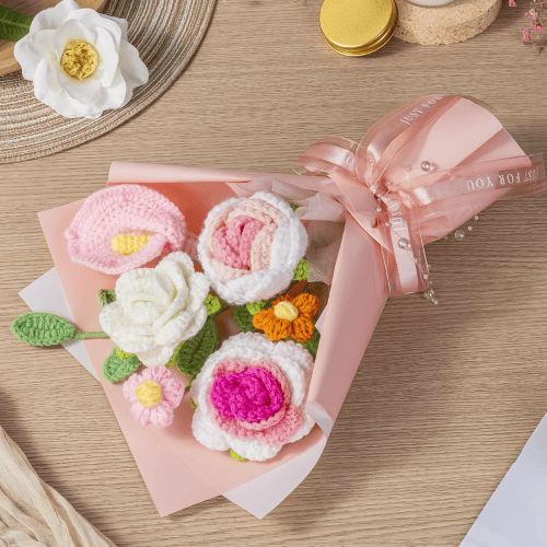 Handmade Crochet Flower Bouquet, Soft Cotton Knitted Floral Arrangement
