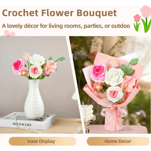 Handmade Crochet Flower Bouquet, Soft Cotton Knitted Floral Arrangement