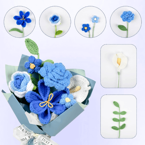 Handmade Crochet Flower Bouquet, Soft Cotton Knitted Floral Arrangement
