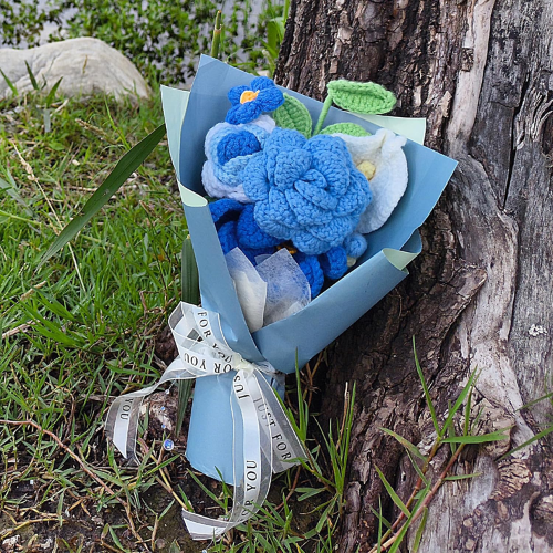 Handmade Crochet Flower Bouquet, Soft Cotton Knitted Floral Arrangement