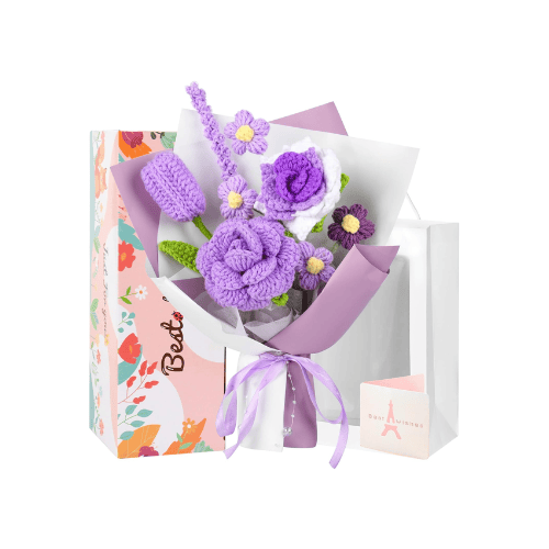 Handmade Crochet Flower Bouquet, Soft Cotton Knitted Floral Arrangement