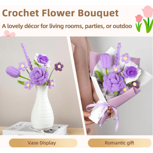 Handmade Crochet Flower Bouquet, Soft Cotton Knitted Floral Arrangement