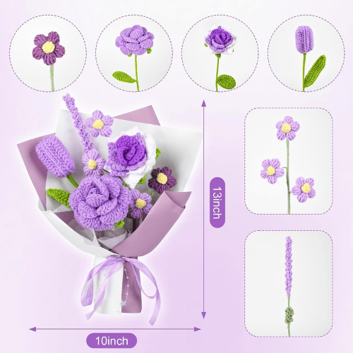 Handmade Crochet Flower Bouquet, Soft Cotton Knitted Floral Arrangement