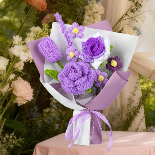 Handmade Crochet Flower Bouquet, Soft Cotton Knitted Floral Arrangement