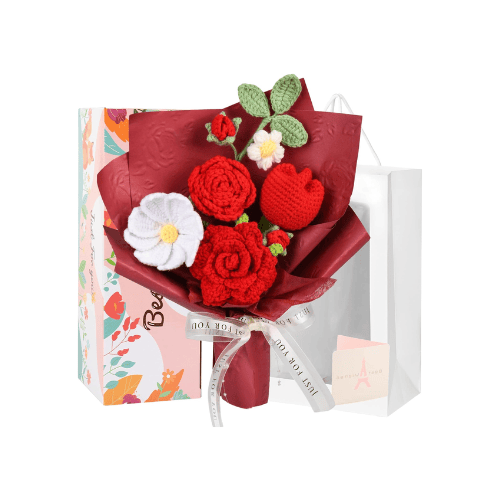 Handmade Crochet Flower Bouquet, Soft Cotton Knitted Floral Arrangement