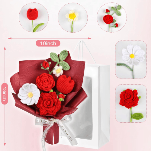 Handmade Crochet Flower Bouquet, Soft Cotton Knitted Floral Arrangement