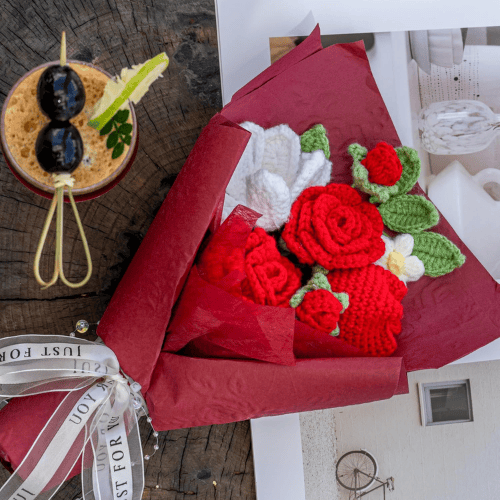 Handmade Crochet Flower Bouquet, Soft Cotton Knitted Floral Arrangement