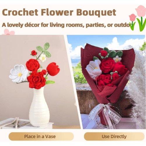 Handmade Crochet Flower Bouquet, Soft Cotton Knitted Floral Arrangement