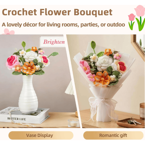 Handmade Crochet Flower Bouquet, Soft Cotton Knitted Floral Arrangement