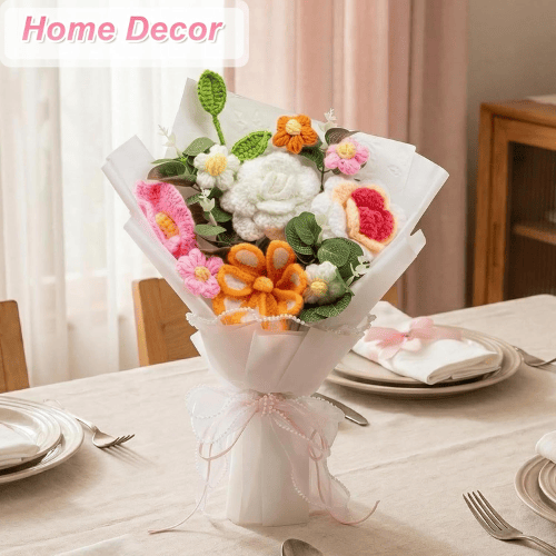 Handmade Crochet Flower Bouquet, Soft Cotton Knitted Floral Arrangement