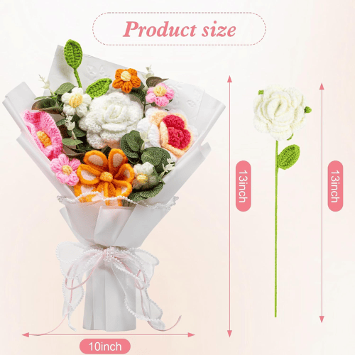Handmade Crochet Flower Bouquet, Soft Cotton Knitted Floral Arrangement