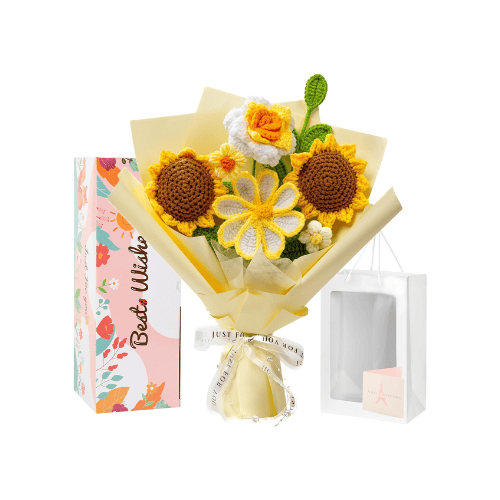 Handmade Crochet Flower Bouquet, Soft Cotton Knitted Floral Arrangement