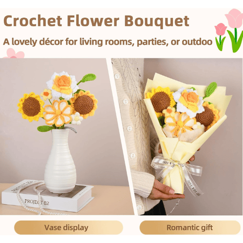 Handmade Crochet Flower Bouquet, Soft Cotton Knitted Floral Arrangement