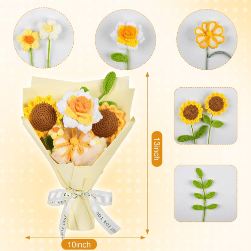 Handmade Crochet Flower Bouquet, Soft Cotton Knitted Floral Arrangement