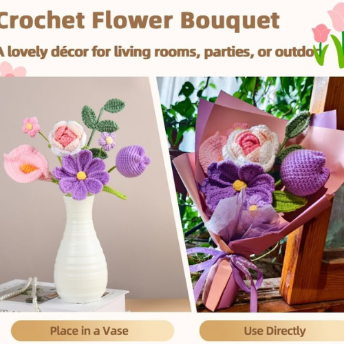 Handmade Crochet Flower Bouquet, Soft Cotton Knitted Floral Arrangement