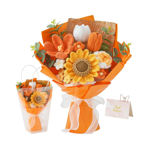 Crochet Flower Bouquet Knitted Flowers - Handmade Sunflowers Tulips Roses Bouquet