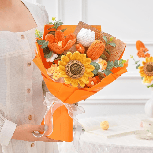 Crochet Flower Bouquet Knitted Flowers - Handmade Sunflowers Tulips Roses Bouquet