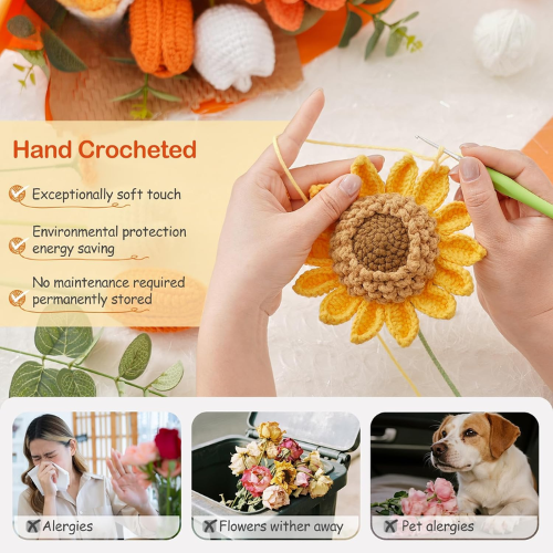 Crochet Flower Bouquet Knitted Flowers - Handmade Sunflowers Tulips Roses Bouquet