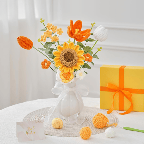 Crochet Flower Bouquet Knitted Flowers - Handmade Sunflowers Tulips Roses Bouquet
