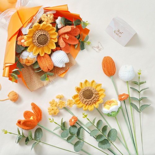 Crochet Flower Bouquet Knitted Flowers - Handmade Sunflowers Tulips Roses Bouquet