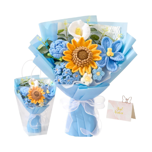 Crochet Flower Bouquet Knitted Flowers - Handmade Sunflowers Tulips Roses Bouquet