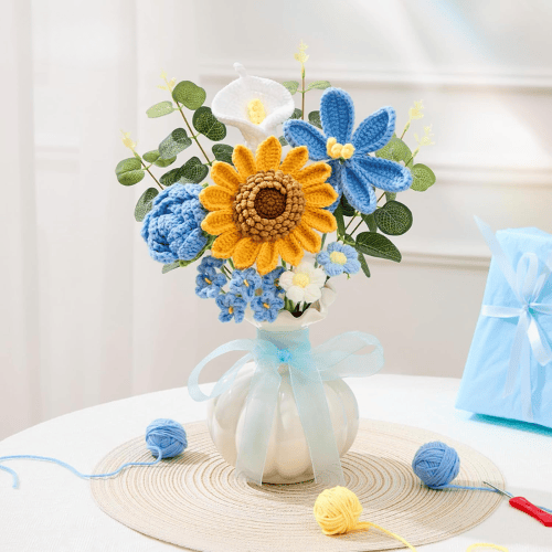 Crochet Flower Bouquet Knitted Flowers - Handmade Sunflowers Tulips Roses Bouquet