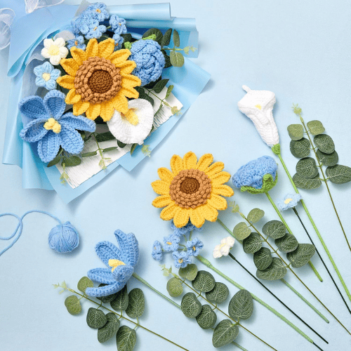 Crochet Flower Bouquet Knitted Flowers - Handmade Sunflowers Tulips Roses Bouquet