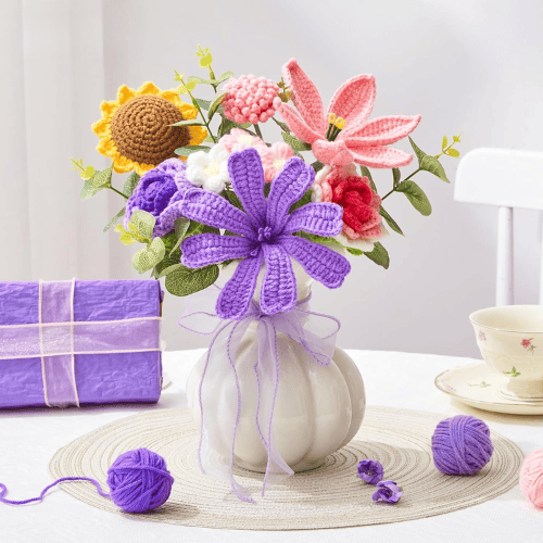 Crochet Flower Bouquet Knitted Flowers - Handmade Sunflowers Tulips Roses Bouquet