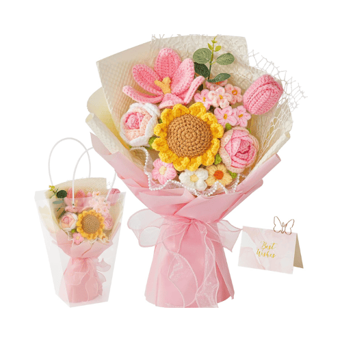 Crochet Flower Bouquet Knitted Flowers - Handmade Sunflowers Tulips Roses Bouquet