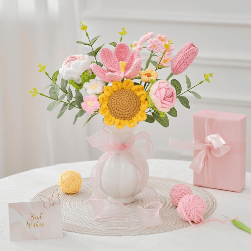 Crochet Flower Bouquet Knitted Flowers - Handmade Sunflowers Tulips Roses Bouquet