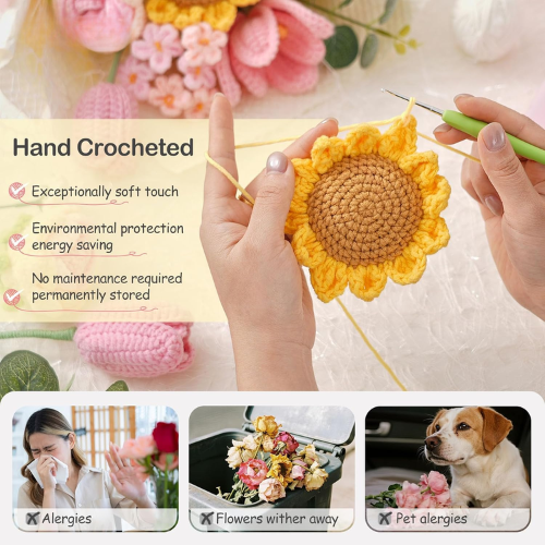 Crochet Flower Bouquet Knitted Flowers - Handmade Sunflowers Tulips Roses Bouquet