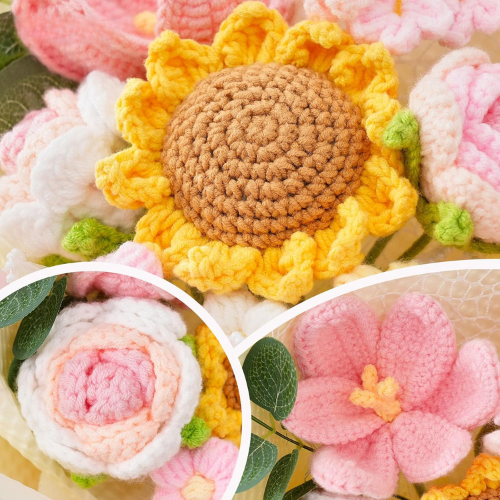 Crochet Flower Bouquet Knitted Flowers - Handmade Sunflowers Tulips Roses Bouquet