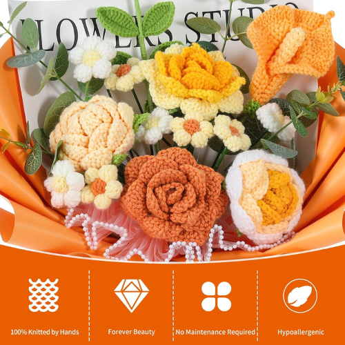 Handcrafted Crochet Flower Bouquet Set – Premade Knitted Yarn Floral Arrangement