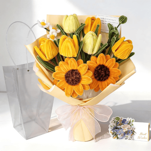 Handmade Pipe Cleaner & Crochet Flower Bouquet Set – Plush Floral Arrangement